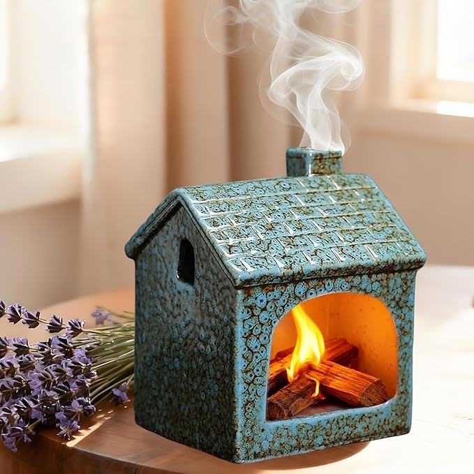 Ceramic Mini Chiminea Palo Santo Burner | Sage & Incense Cone Holder | Stable Smudge Bowl for Zen Altar, Meditation, Yoga | Home Decor & Gift (Blue)