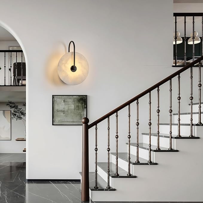 Round Alabaster Wall Sconce Set of Two, Natural Marble Lampshade Wall Sconce, Hardwired Circular Sconce LED Modern Wall Lamp for Bedroom, Stairs, Living Room, Bedside, Hallway 9.84 Inch Black