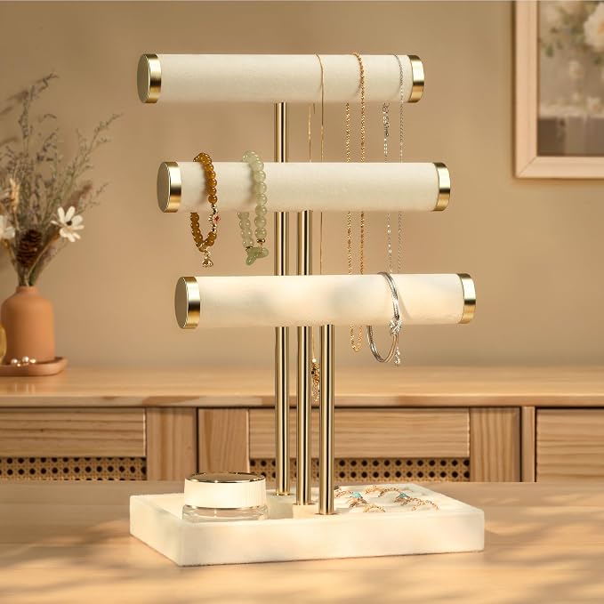 Jewelry Organizer Stand Display, 3 Tier Velvet Bracelet Holder, Beige | Jewelry Organizers and Storage | Jewelry Tree | Jewelry Towers for Necklaces, Bracelets, Earrings, Rings