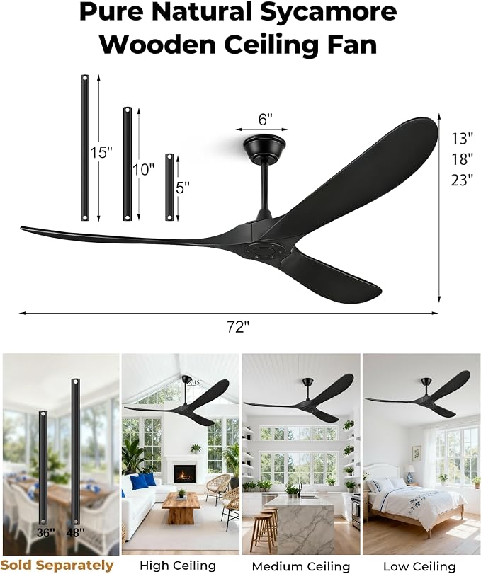 72" Outdoor Ceiling Fans for Patios, Matte Black Ceiling Fans Without Lights, 3 Blades Wood Ceiling Fan with No Light by Remote Control for Indoor Outdoor Patio Porch Living Room