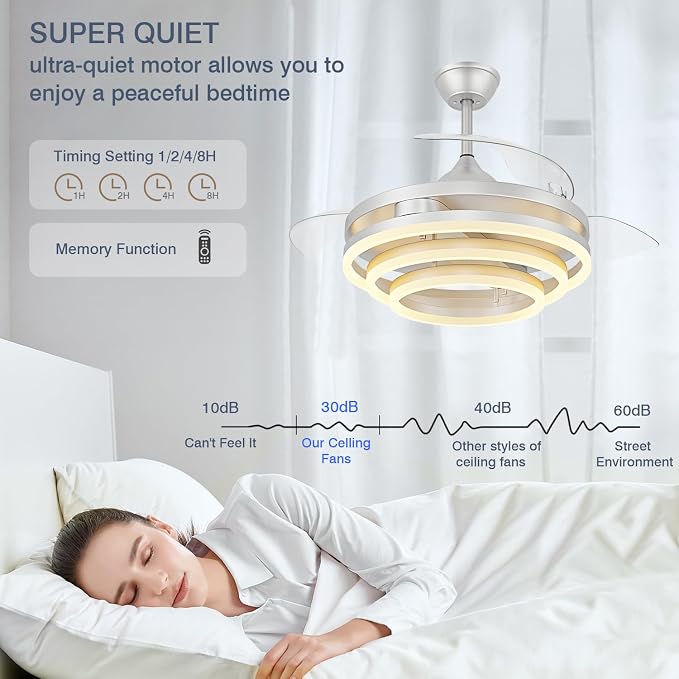 TXCSLY 42 Inch Retractable Ceiling Fan, Chandelier Ceiling Fan with Light DC Motor, 3 Color Tempearture, 6 Wind Speed for Bedroom, Living Room and Dining Room, Silver