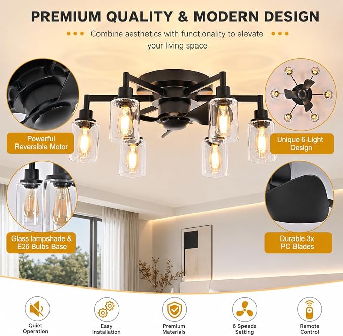 Garwarm 26IN Ceiling Fans with Lights, Black Flush Mount Ceiling Fan with Lights Remote Control,Low Profile Bladeless Ceiling Fan Light Fixture for Bedroom, Kitchen, Dining Room