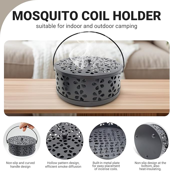 Mosquito Coil Holder, Portable Mosquito Coil Burner, Suitable for Indoor and Outdoor Camping (Black)