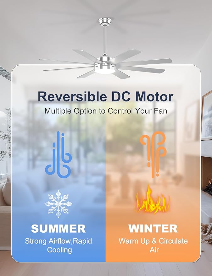 60'' Silver Ceiling Fan with Lights for Indoor/Covered Outdoor | Remote/APP Control, 3CCT Dimmable, Quiet DC Motor, Reversible Airflow, 8 Blades Modern Overhead Fan for Patio, Living Room
