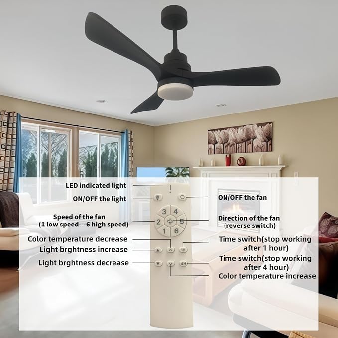 42-inch solid wood ceiling fan with light, black propeller ceiling fan, silent DC motor, suitable for bedrooms, living rooms, dining rooms, porches, indoor and outdoor use(Black, 42 inch)