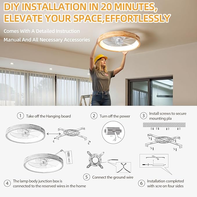 Low Profile Ceiling Fan with Light and Remote Control, 20 Inch Small Flush Mount Wood Fan Light, Modern Smart Dimmable Quiet LED Fan Light for Bedroom Living Room