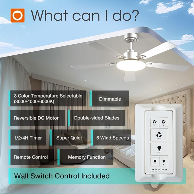 addlon Ceiling Fans with Lights, 52 inch Silver Ceiling fan with Light and Remote Control, Reversible, 3CCT, Dimmable, Noiseless, Ceiling Fan for Bedroom, Farmhouse, living room, Indoor/Outdoor Use