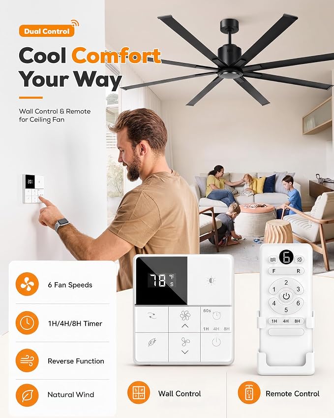 84 Inch Industrial HVLS Ceiling Fan No Light, Large High CFM Commercial Fan with 8 Aluminum Metal Blades, BLDC Motor Big Rooms Outdoor Fan Wihtout Lights for Porch Garage Shop Barn, Matte Black