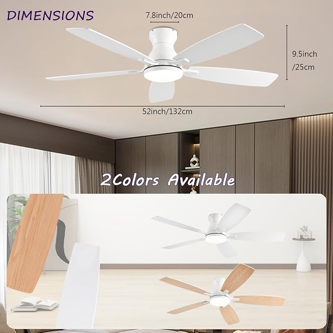 NKPU Ceiling Fans with Lights, Low Profile Ceiling Fan with Light and Remote/APP Control, DC Motor, Noiseless, Flush Mount, 52inch White Ceiling Fan for Bedroom Indoor/Outdoor Use