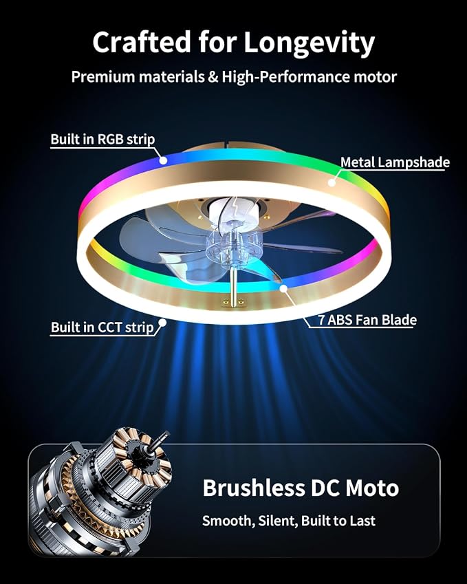 RGB Ceiling Fan with Lights, low profile ceiling fans with lights and remote, Flush Mount LED Fan Light, Modern Bladeless Fandelier for Bedroom Works with APP, 16IN Gold