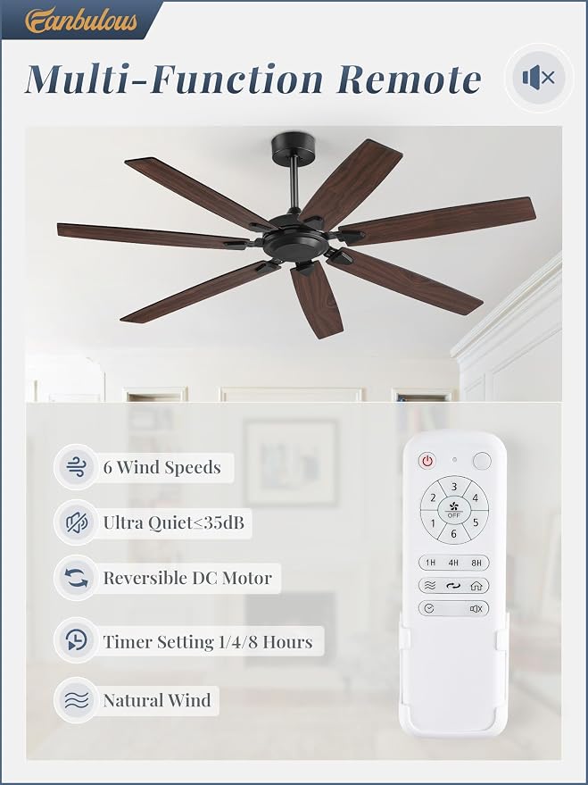 Fanbulous 62 Inch Ceiling Fan No Light, 6-Speed Quiet DC Motor with Remote | Durable Metal Housing, Whisper-Quiet DC Motor, Powerful 62" Airflow, 6-Speed Remote, Reversible, Timer, Indoor/Outdoor
