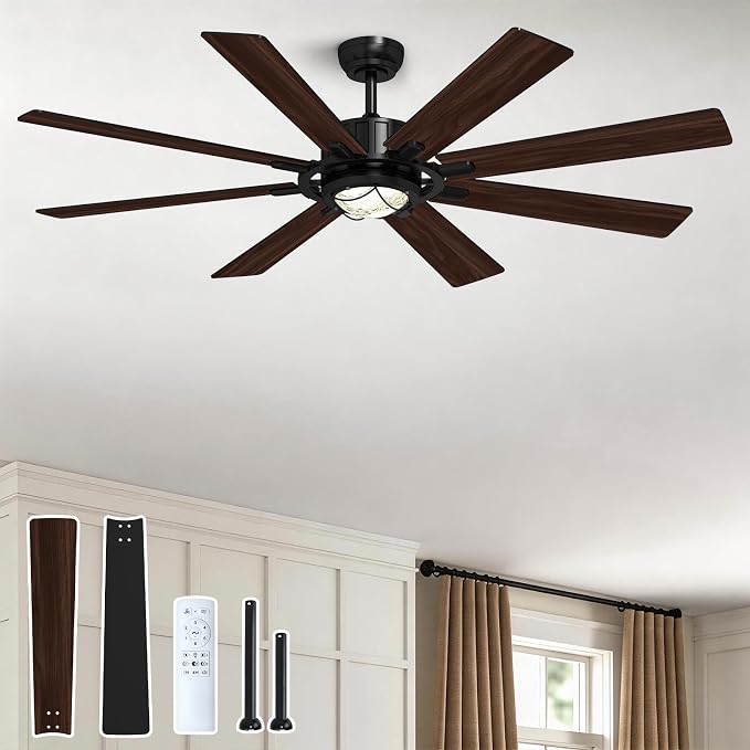 TALOYA 62 Inch Ceiling Fans with Lights and Remote Flush Mount Low Profile for Living Room Farmhouse Bedroom Patio Outdoor Dining Room,DC Motor,Reversible,Buzzer Mute,Dimmable Led Light,Rustic,Black