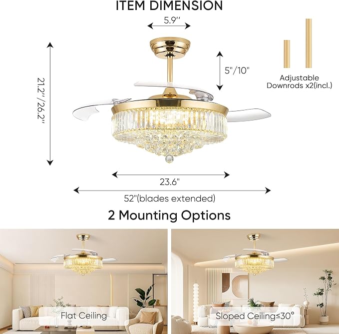 FIDGRA 52 Inch Fandelier Ceiling Fan with Light, Retractable Chandelier Fan, 3 Color Temperature, 6 Wind Speed, Crystal Ceiling Fan for Bedroom Living Room Dining Room-Gold