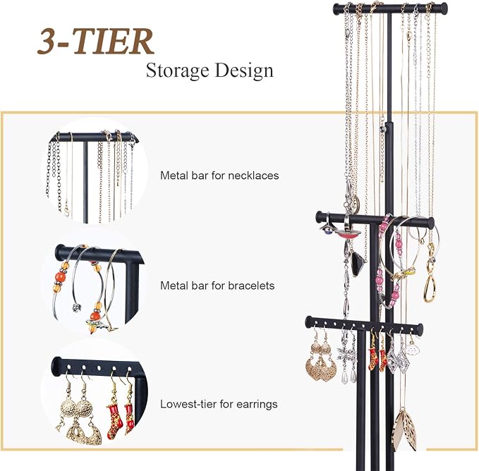 Love-KANKEI 3-Tier Jewelry Holder,Adjustable Height,Black/Weathered Grey | Metal Rod,Solid Wood Base,Easy to Install,Tree Style,Display Long Necklaces,Bracelets,Earrings,Rings,Watches,Bangles,Gift