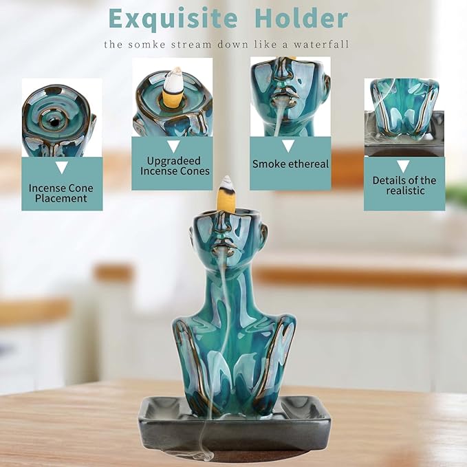 YYW Statue Backflow Incense Holder Incense Burner Waterfall Aromatherapy Ornament Home Decor with Incense Cones and Incense Stick (Blue)