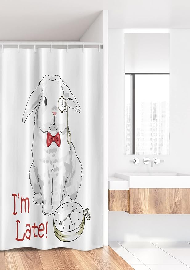 Ambesonne Alice in Wonderland Stall Shower Curtain, Funny Rabbit Watches in Cartoon Style Design Character Fantasy, Fabric Bathroom Decor Set with Hooks, 36" W x 72" L, White Red