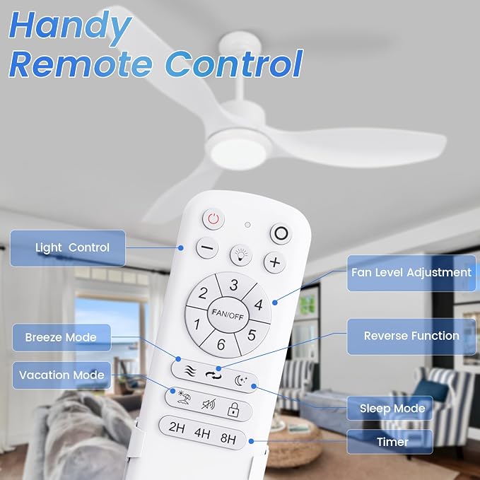 White Ceiling Fan with Light, 52" Outdoor Ceiling Fans with Lights and Remote, 3 Color Light, 6 Speed, DC Motor, for Bedroom/Outdoor/Patios, White