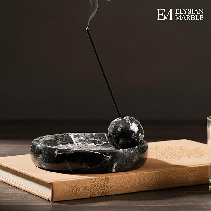 Incense Holder for Sticks, Natural Marble Incense Burner Ash Catcher Plate for Palo Santo, Sage, Meditation, Yoga and Home Decor - Black