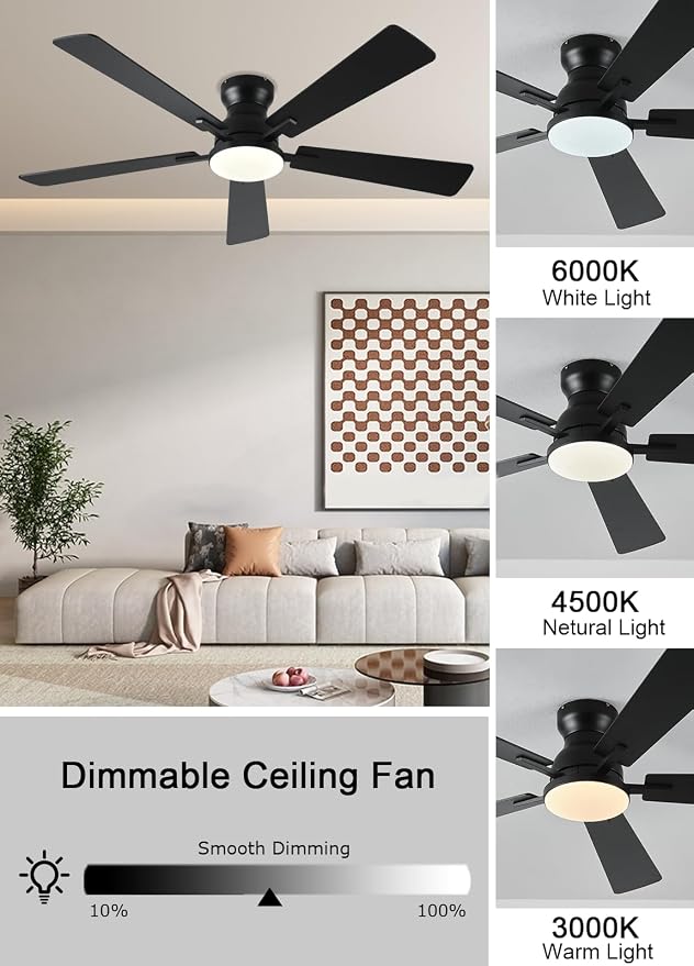 JSAITEE Ceiling Fans with Lights, 52Inch Low Profile Ceiling Fan with Light and Remote/App Control, Modern Flush Mount Black Ceiling Fan, 3CCT Dimmable, Reversible DC Motor, for Living Room,Bedroom