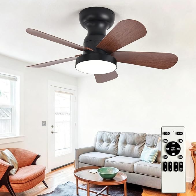 Depuley Small Ceiling Fan with Lights: 28-Inch Flush Mount Fan with Light and Remote - Low Profile Ceiling Fans Reversible Quiet DC Motor for Bedroom Living Room Indoor Outdoor, Walnut