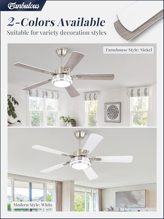 Fanbulous 48 Inch Ceiling Fans with Lights and Remote, Brushed Nickel Ceiling Fan with 8 Dual-Color Blades, Indoor/Outdoor Large Ceiling Fans, Reversible DC Motor, 6-Speed, 3CCT for Living Porch Patio