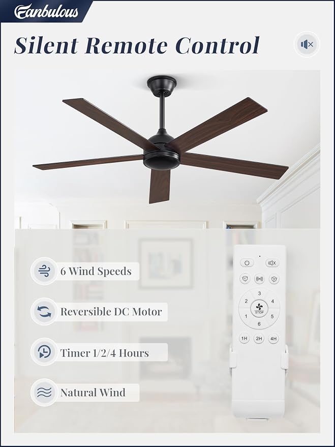 Fanbulous 52 Inch Ceiling Fans No Light with Remote, Black Indoor/Outdoor Ceiling Fan Without Light with Quiet Reversible DC Motor, 6 Speeds, 5 Blades Modern Ceiling Fan for Living Room Bedroom Patio