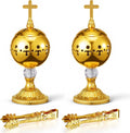 Zonon 2 Sets Gold Incense Burner with Tong, Frankincense Charcoal Incense Stand Holder, Ideal for Yoga, Spa, Aromatherapy, Home and Christian Church Censer (Retro)