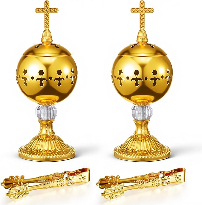 Zonon 2 Sets Gold Incense Burner with Tong, Frankincense Charcoal Incense Stand Holder, Ideal for Yoga, Spa, Aromatherapy, Home and Christian Church Censer (Retro)