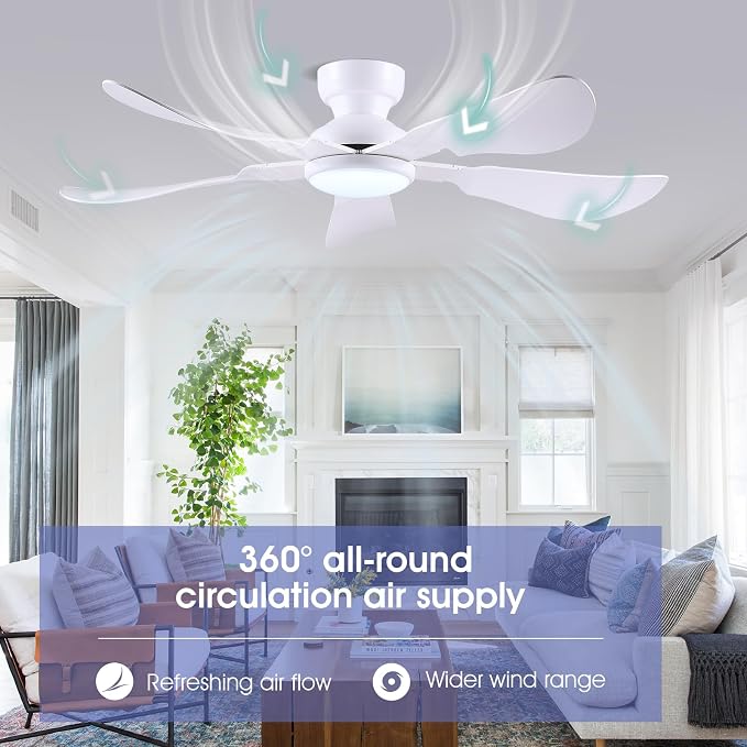 Kviflon 52 Inch Modern Ceiling Fans with Lights, Flush Mount Ceiling Fan with Light and Remote/APP Control, 5 Reversible 6 Speeds Curved Blades, 3 CCT Dimmable Lights for Bedroom, White