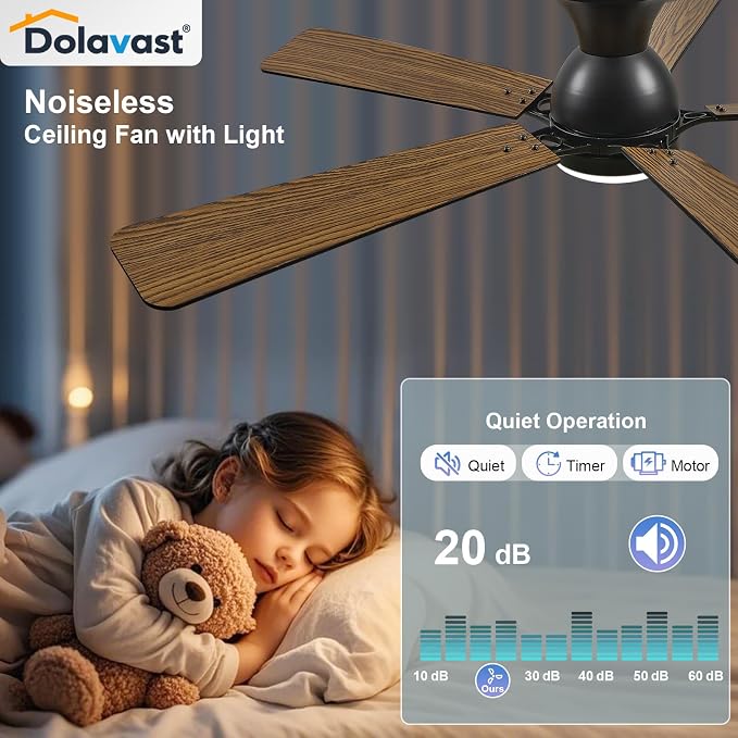 Ceiling Fans with Lights, 52 Inch Low Profile Ceiling Fan with Light and Remote Control, Flush Mount, Reversible, 3CCT, Dimmable LED, Quiet, Black Ceiling Fan for Bedroom, Living Room