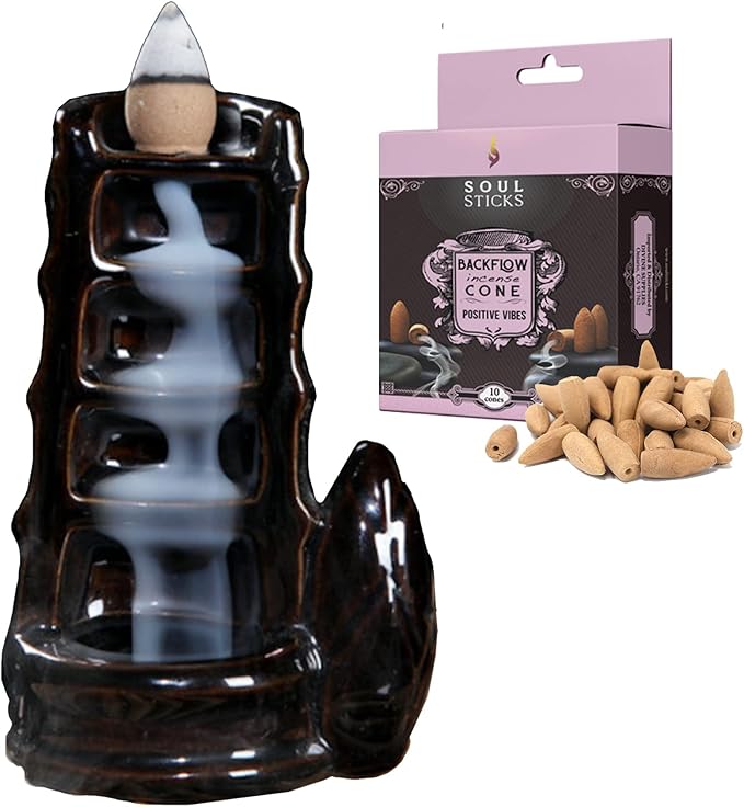 SOUL STICKS Backflow Incense Holder Burner Waterfall Fountain for Home, Office, Yoga, Room Decor & Aromatherapy with 1 Pack of 10 Backflow Fragrance Cones Included (Tower Waterfall)
