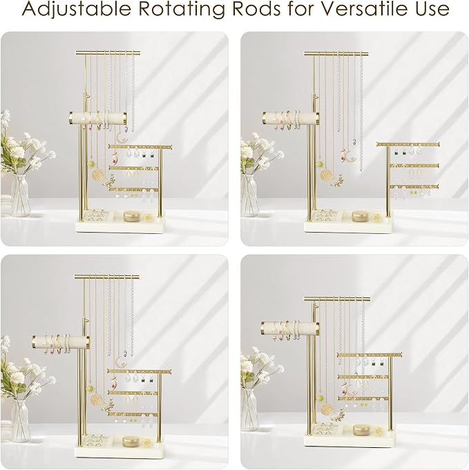 SZQINJI 5 Tier Jewelry Holder Organizer, Gold Necklace Stand Display, Beige | Velvet Bracelet Holder, Adjustable Height Jewelry Display for Necklaces, Bracelets, Earrings, Rings, Gift Idea for Women