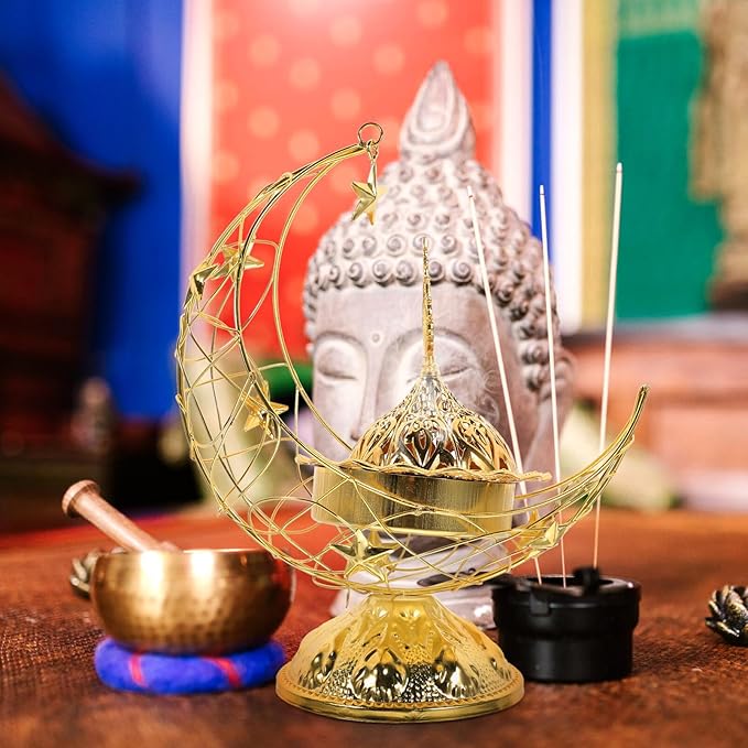 Zerodeko Arabic Incense Holder, Middle East Ramadan Incense Burner Arab Crescent Tea House Censer Handheld Aroma Furnace for Muslim Islam Festival Decoration Golden