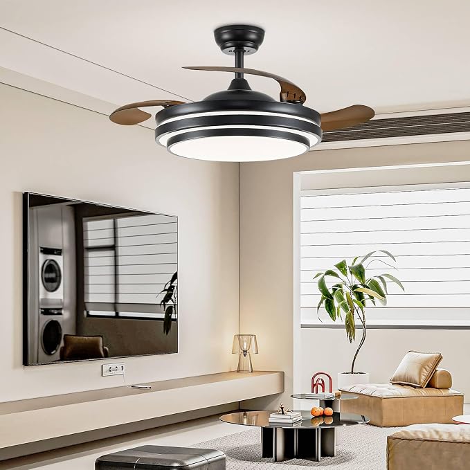 FIDGRA 42 Inch Fandelier Ceiling Fan with Light, Retractable Ceiling Fan with Lights for Bedroom Living Room Dinning Room, Chandelier with Fan 6 Speed, 3 Color Temperature-Black
