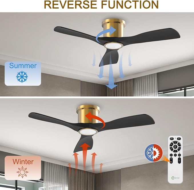 OFANTOP 52 Inch Flush Mount Smart Black Gold Ceiling Fan with Light Remote | Whisper-Quiet & Powerful Airflow, 3-Color Dimmable LED with Memory, Reversible Motor, Timer, for Bedroom Living Room