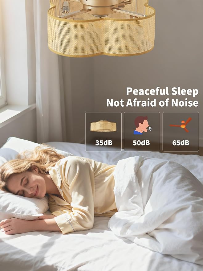 Boho Ceiling Fans with Lights, 20" Low Profile Ceiling Fan with Light Remote Control, Bladeless Flush Mount with 6 Speeds for Bedroom, Nursery, Living Room.