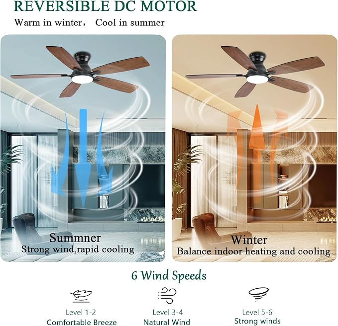 NKPU Ceiling Fans with Lights, Low Profile Ceiling Fan with Light and Remote/APP Control, DC Motor, Noiseless, Flush Mount, 52inch Brown Ceiling Fan for Bedroom Indoor/Outdoor Use
