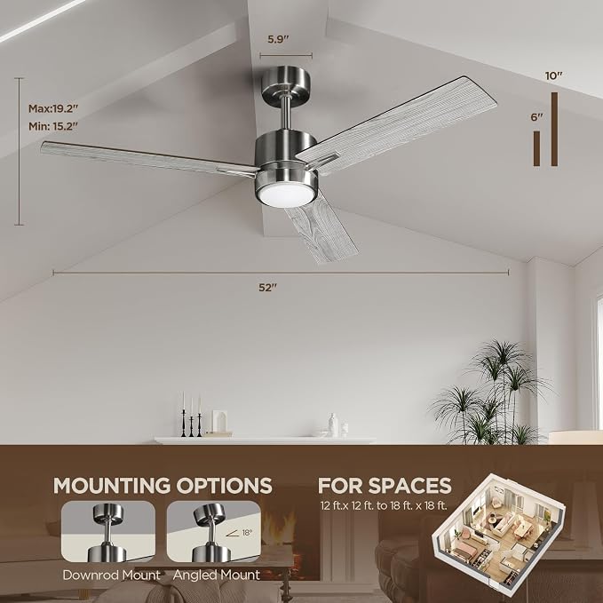 Ceiling Fan 52'' with Light: Modern Remote Control Fans Downrod Mounted - Quiet Reversible DC Motor - Light Memory Function for Outdoor Indoor
