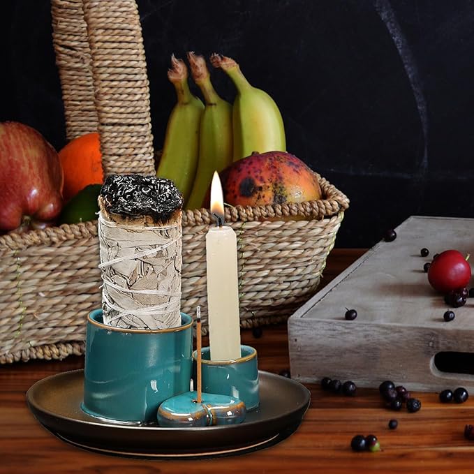 Palo Santo Sage Holder for Burning, Ceramic 4 in 1 Incense Burner Smudge Stick Holder, Ash Catcher Tray for Home Office Meditatio Yoga Room (Retro Blue)