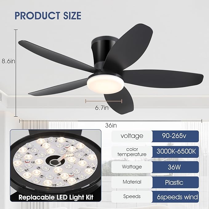 Surtime Ceiling Fans with Lights-36 Low Profile Ceiling Fan with Light and Remote Control,Flush Mount,DC Reversible,LED Dimmable Blakc Ceiling Fans for Bedroom,Indoor/Outdoor Patio Use