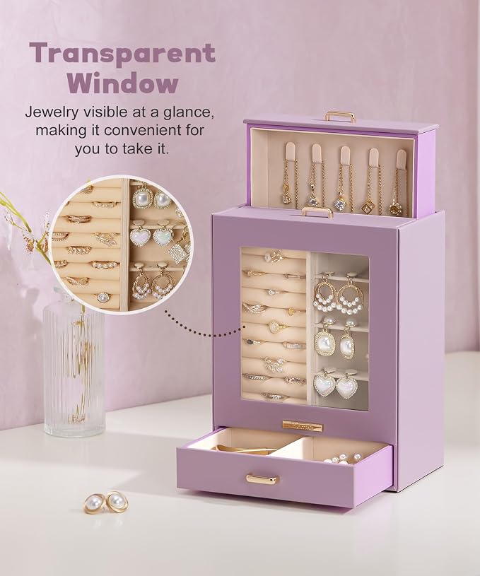 Homde Display Jewelry Box for Girls: Starter Organizer with Clear Window | Vertical Drawers for Earrings Rings Necklaces - Compact Footprint Fits Small Vanities - Birthday&Graduation Gift for Teens