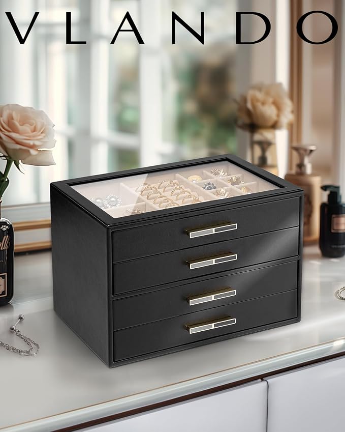 VLANDO 4 Layer Jewelry Box for Women, Glass Lid Jewelry Organizer with 4 Drawers for Necklaces Rings Earrings Bracelets - Black