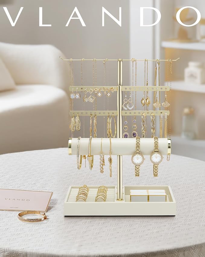 VLANDO 3 Tier Jewelry Stand Organizer with Tary, Leather Jewelry Holder Display for Women, Gold Jewlery Holder Display for Necklace, Earring, Bracelet, Rings - Cloud White
