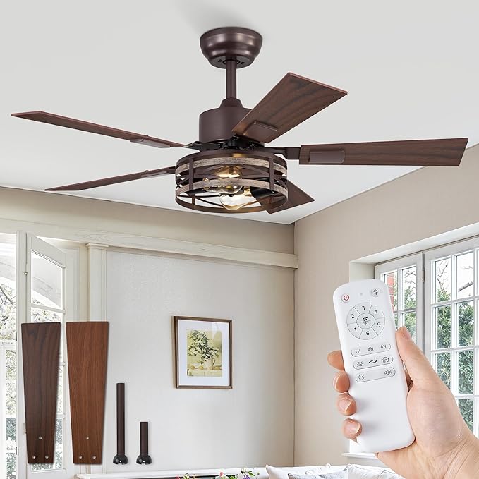 Fanbulous Farmhouse Ceiling Fans with Light, 42 Inch Bedroom Ceiling Fan with Lights, 6-Speed Adjustable, Quiet and Reversible DC Motor, 5 Dual Finish Blades, Rustic Caged Ceiling Fan，Oil Bronze