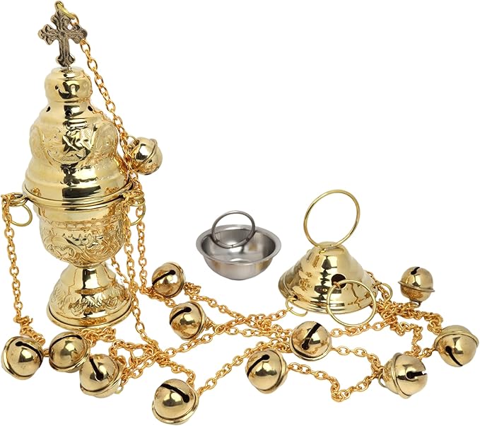 Needzo Hanging Brass Incense Burner with Bells, Gold Tone Swinging Censor, Catholic Church Supplies, 25 Inch Chains with 7" Body