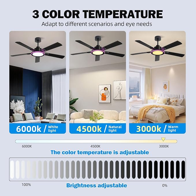 52" Ceiling Fans with Lights,Bluetooth Ceiling Fan with Speaker,6-Speed Reversible Motor,Full-Spectrum Adjustable Lighting,Edge Ambient Lights,Low Profile Ceiling Fan with Light and Remote/App Control