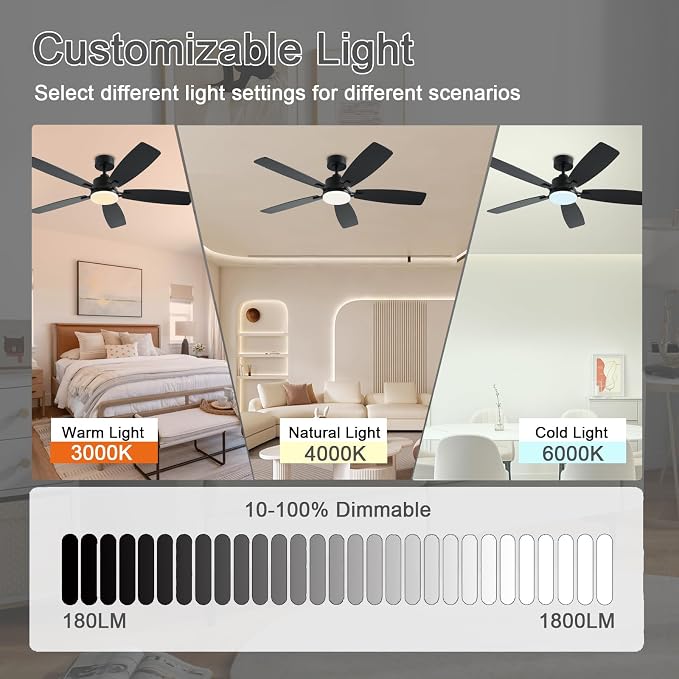 NKPU 52 Inch Ceiling Fans with Lights, Black Ceiling Fan and Remote/App Control, 2 Downrods, DC Reversible, Noiseless, Dimmable, 5 Dual-Sided Blades Modern Ceiling Fan for Indoor/Outdoor Use