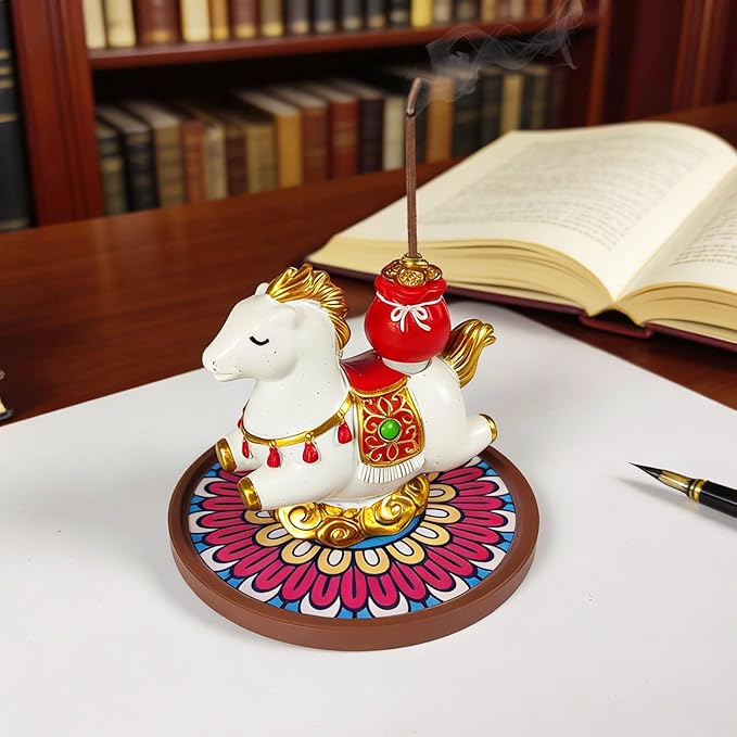 Horse Incense Holder for Sticks, Cute Horse Resin Incense Burner Holder with Ash Catcher, Incense Stick Holder for Aromatherapy,Yoga,Home Room Decor, White