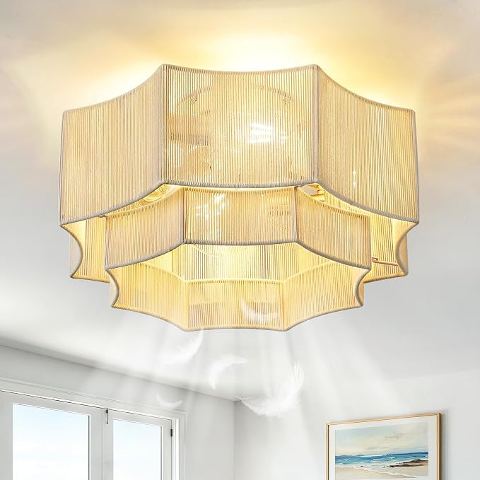 Boho Ceiling Fan with Light, 20'' Flush Mount Caged Ceiling Fan with Light Remote Control, Low Profile Fandelier with 6 Speeds for Bedroom, Living Room