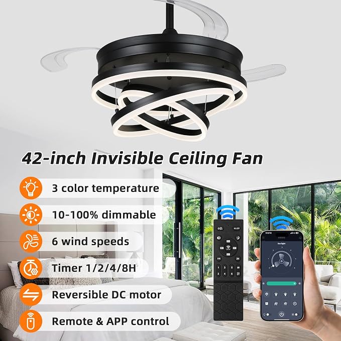 Retractable Ceiling Fan, 42 Inch Chandelier Ceiling Fans with Light, Modern Fandelier Ceiling Fan for Bedroom Living Room Dinning Room, Reverse Motor, 3 Color Temperature, 6 Wind Speed, Black